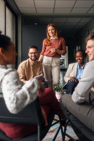 Friendly group of coworkers sharing ideas